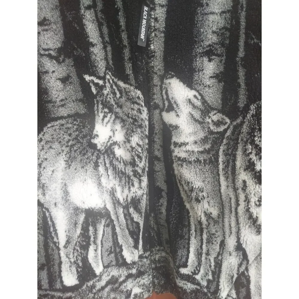 Black Mountain Wolf Fleece Jacket Black White vtg 90s Nature AOP Wolves USA L - Picture 3 of 7
